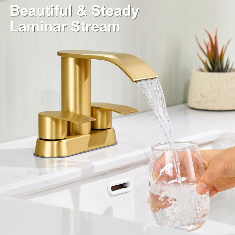 Ultimate Unicorn Bathroom Faucet for Sink Brushed Gold, 4 Inch Bathroom Sink Faucet for 3 or 2 Holes, 2 Handle Waterfall Faucets with Pop up Drain, Centerset Faucets for RV, Patent No. : US D983,326 S - Image 2